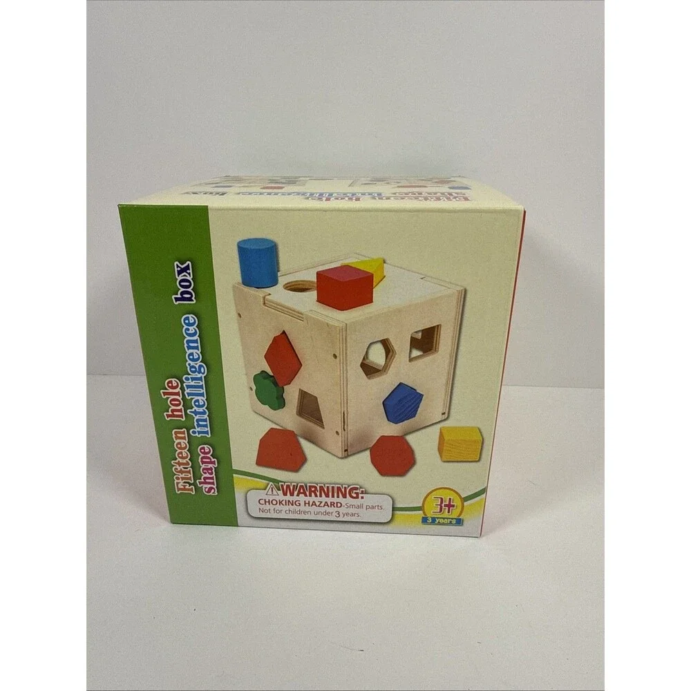 Wooden Shape Sorter Cube Toy – 15-Hole Intelligence Box – Montessori 3+